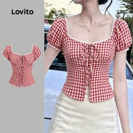 Lovito Casual Blouse Lace Spring/summer Red White Blouse for Women L189ED900 Lovito Blaus Kasual Ren