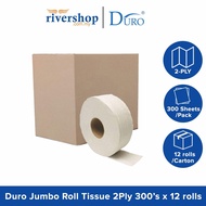 [Carton] DURO Jumbo roll tissue 2ply, 300m x 12rolls / Toilet Bathroom Kitchen Tissue Paper