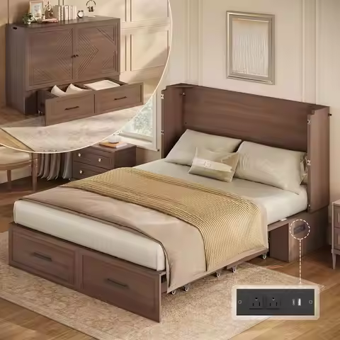 Queen Murphy Bed with Drawer & Charging Station, Storage Cabinet Bed, Space-Saving Hidden Folding Be