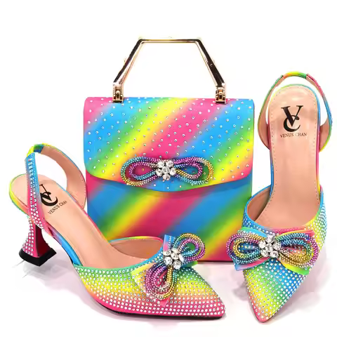 New Arrival Fashion CR920 Italian Shoes and Bag Sets Rainbow Women Wedding Special Appliques for Afr