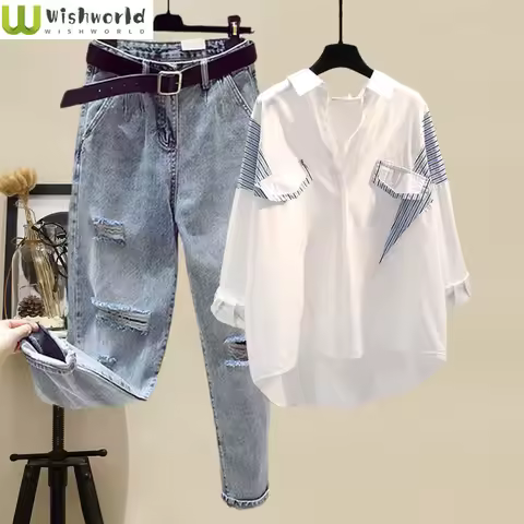 Spring and Autumn Season Set Women's 2024 New Western Style Shirt Women's Slim and Versatile Jeans T