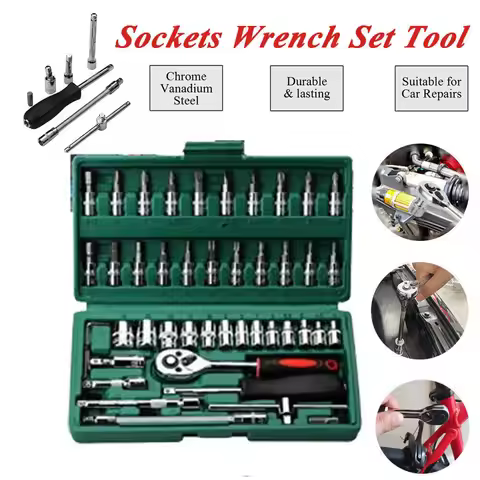 46PCS Socket Set Car Metric Socket Ratchet Wrench Set CRV Steel Torx Wrench Bits Screwdriver 1/4" Dr
