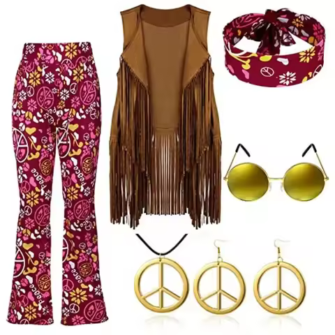 w,3;f'5\b/ Disco 60s 70s Cosplay Costume Women Peace Love Girls Hip Indian Tassels Hippie Vest Cardi