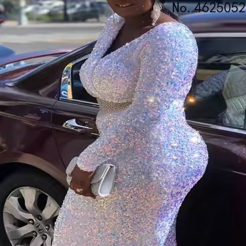Plus Size Evening Party Dresses For Women African Large Size White Sequin Long Dress S-4XL Elegant W