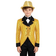 Fldy Boys Long Sleeve Shiny Sequin Blazers Gentleman Tuxedo with Bowtie for Wedding Dancing Party Ci