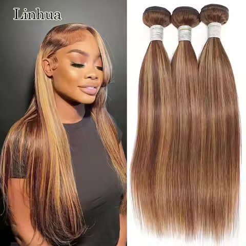 P4/27 Straight Human Hair Bundles 8 to 30 Inch 1 3 4 Bundles Highlight Ombre Brown Honey Blonde Stra