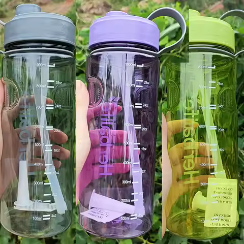 Plastic Sports Water Bottle with Straw, Healthy Life Nutrition Bottle, Wholesale Pirce, 1000ml, Clea