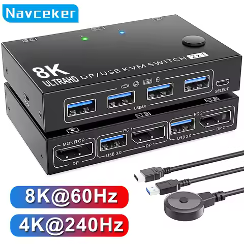 Navceker 4K 240Hz DisplayPort KVM Switch 2 Port 8K 60Hz DP Video USB Switcher for 2 Desktop PC Lapto