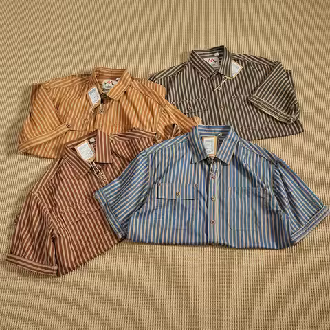 Ami khaki striped work shirt men's pure cotton short-sleeved loose retro casual Japanese youth half-