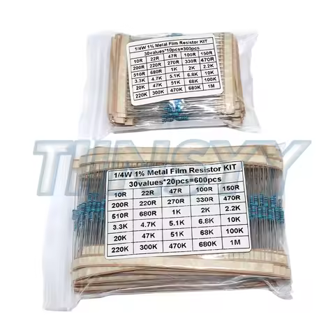 30 Kinds 1/4W Resistance 1% Metal Film Resistor Pack Assorted Kit 1K 10K 100K 220ohm 1M Resistors