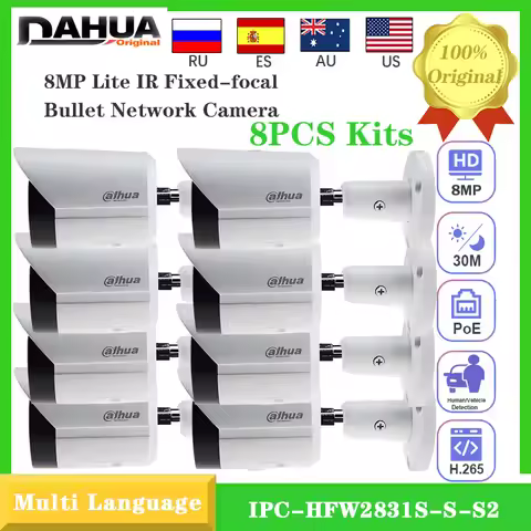 8PCS Kits Original Dahua 4K 8MP IPC-HFW2831S-S-S2 Surveillance IP Camera Security IR 30m P2P Bullet 