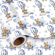 LeZakaa Baby Bear Wrapping Paper Roll, Blue Teddy Bear in Hot Air Balloon Design for Baby Boy Birthd