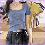 8 COLORS Women Solid Color Crop Top Square Collar Short Sleeve T-shirt