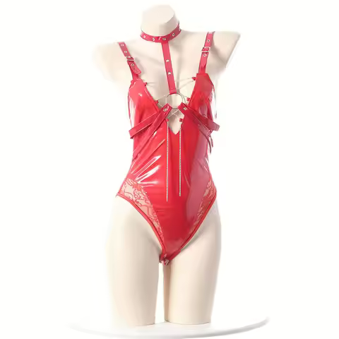 Womens Anime/Policewoman Style Bodysuit Lingerie Sheer Floral Lace Glossy PU Patchwork Leotard Tempt