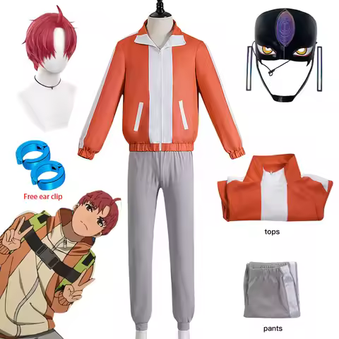 Anime Dandadan Jiji Cosplay DAN DA DAN Jin Enjoji Costume Wig Ear Clip Set Helmet Mask Earrings Eyes