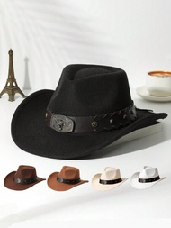 1頂女性牛頭＆腰帶裝飾波西米亞牛仔帽爵士泛ama太陽帽柔軟羊毛毛帽牛仔帽 Fedora帽，適用於戶外