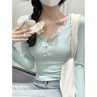 Women Fashion Korean Vintage Half Open Neck Long Sleeved T-shirt Spring  Autumn Lace Trimm Solid Short Top