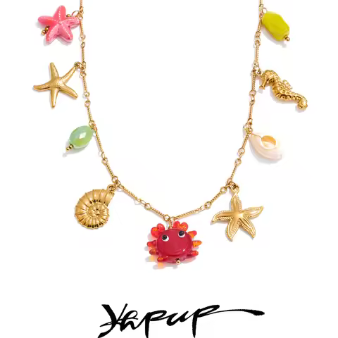 Yhpup Ocean Style Summer Fashion Jewelry Crab Starfish Shell Pendant Necklace Stainless Steel Golden