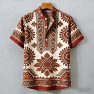 Vintage Ethnic Aztec Print Men's Short Sleeve Shirt Stand Collar Button Casual Boho Tops for Summer 