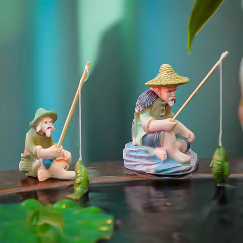 1Pc Creative Miniature Old Man Fishing Ornament PVC Jiang Tai Gong Fishing Fish Tank Bonsai Garden R