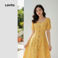 Lovito Women's Boho Button Pleated Spring/Summer Yellow Dress L137ED633