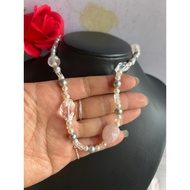 Round white and gray real pearl necklace, 5 to 7 mm mixed with pink and white quartz, 42 cm long, Ja