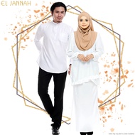 Qayla Kurung Couple Set Pearl White Baju Kurung Couple Plus Size Kurta Men Lelaki Dewasa Cotton Cekak Musang