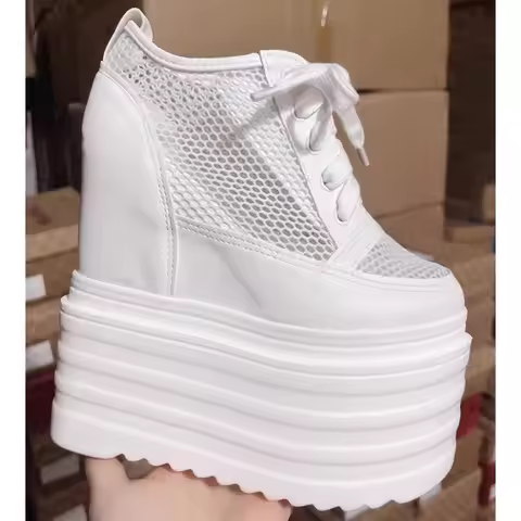 16CM Women Summer Shoes Chunky Sneakers Air Mesh Hollow Out Genuine Leather White Wedge Shoes Platfo