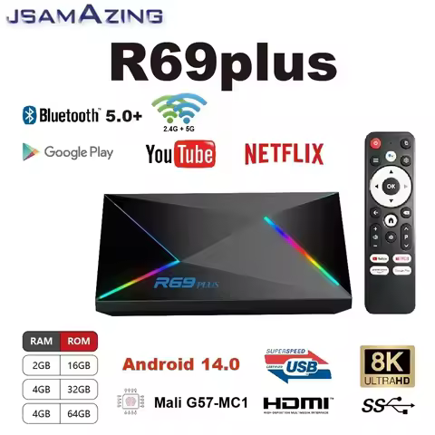 R69PLUS Android 14 Smart TV Box 8K Wifi 6 Allwinner H728 ARM Cortex A55 Ethernet 1000M 16/32/ 64GB 1