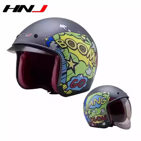 HNJ Motorcycle Retro Half Helmet Winter Electric Car Warm Half Helmet Funny Graffiti Helmet Bubble L