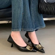 2025 Spring/Autumn New Pointed Toe High Heel Shoes Women Metal Buckle Pumps Work Shoes Black [Conver