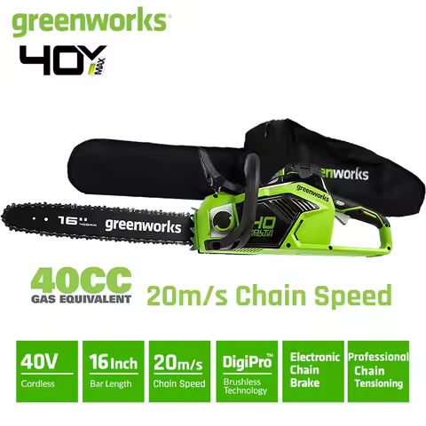 Greenworks ChainSaw 40V Brushless Motor 20m/s Original 16Inch Chainbar and Oregon Sawchain Protectio