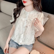 Luxqlo Áo voan thời trang nữ giản dị Retro áo mùa hè tay ngắn áo kiểu hàn quốc 2024