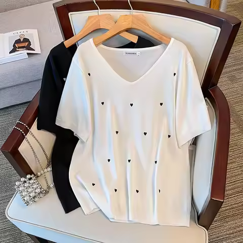 170Kg Plus Size Women's Bust 160 Summer Loose Ice Silk Knitted Top V-Neck Short Sleeve Love T-shirt 
