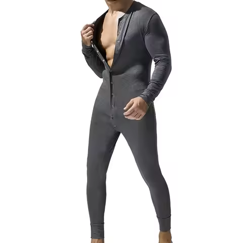Men's One Piece Bodysuit Long Sleeve Button Front Jumpsuit Tight Fitting Pajamas Loungewear for Men 