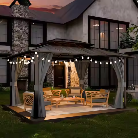Hardtop Gazebo, Aluminum Frame with Double Galvanized Steel Roof, Hard Top Patio Outdoor Metal Gazeb