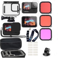 Accessories Kit for Gopro Hero 9 Black Waterproof Housing Case + 3 Lens Filters + Adjustable Sling+Storage Carrying Case + Silicone Case + Tempered Film Glass Bundle