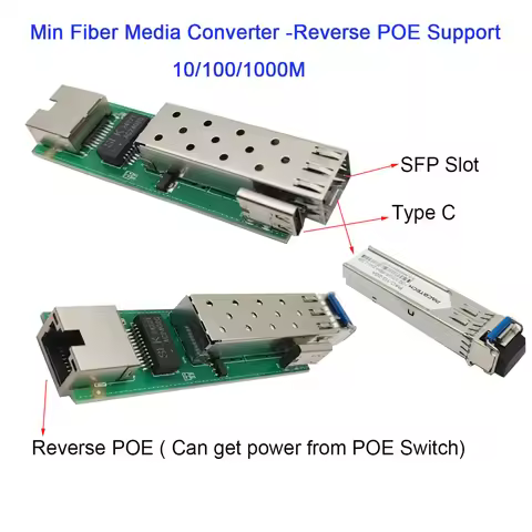 Mini Fiber Media Converter, Reverse POE Support, Type C Charger, Ethernet Fiber Converter, 1000m