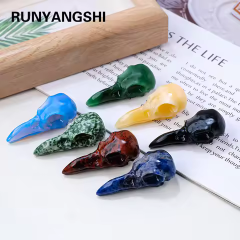 1PC 1PC Natural Crystal Gem Obsidian Raven Skull Carvings Opalite Pocket Crystal Jewelry Meditation 