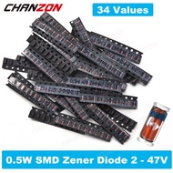 34 Values 0.5W SMD Zener Diode Assorted Kit 2V 3V 3.3V 3.6V 5.1V 5.6V 7.5V 10V 12V 13V 15V 16V 18V 2