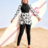 26 Years Old Children's Swimsuit Girls 7-14 Years Old Long-Sleeved Split Cover Belly Slimmer Look Sw
