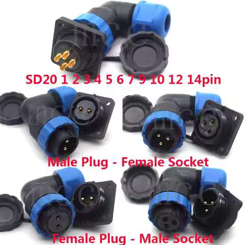 SD20 1 2 3 4 5 6 7 9 10 12 14 Pin Elbow Waterproof IP68 Connector Plug and Socket, Cable Connector