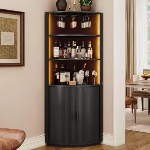 72" Tall Corner Bar Cabinet with LED Lights, Fluted Wine Bar Cabinet with Storage, Mid-Century Moder