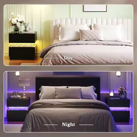 Modern Nightstand with LED Lights & Diamond, Black