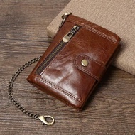 Man Genuine Leather Short Wallet Rfid Blocking Men Purse Zipper Hasp  Chain Credit ID Cards Holder C