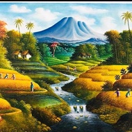 PROMO Lukisan Pemandangan Sawah dan Panen Padi Ukuran Besar (2x1 meter) [terbaik]