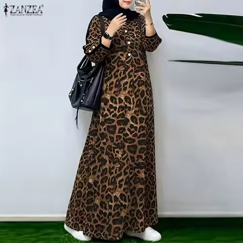 Fashion Muslim Abaya Dress 2026 ZANZEA Leopard Print Maxi Long Dress Women O Neck Full Sleeve Ramada