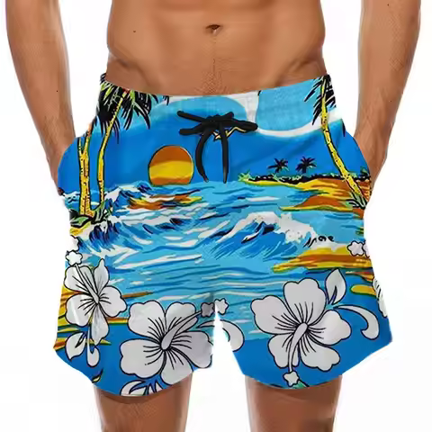 Hibiscus Island Shorts Men's Spring Summer 3D Printed Drawstring Shorts, Blue Sea Sunset Hibiscus Is