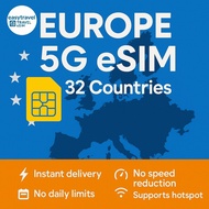 Europe + UK eSIM 32 Countries 5G High Speed Data Supports Hotspot 15-30 Days 5-20GB