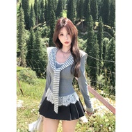 Spicy Girl Love Three-Piece Striped Slim Fit Set+Lace Long Sleeve Vest Skirt+t Shirt Valley Autumn H